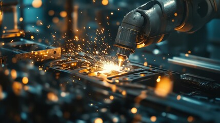 Fototapeta premium The robotic welder skillfully fuses metal components together, emitting bright sparks as it operates within a bustling manufacturing environment during evening hours