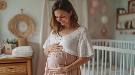 Pregnant woman in a light floral blouse, smiling while gently holding her baby bump, standing in a soft-lit nursery room with a crib in the background