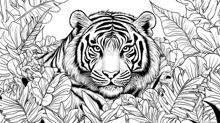 Fototapeta premium Tiger animal jungle scene coloring page for kids picture