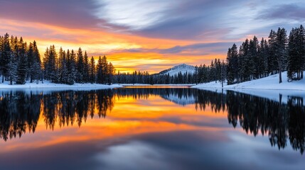 Fototapeta premium A serene winter landscape featuring a snowy forest reflecting on a calm lake, illuminated by a colorful sunset sky.