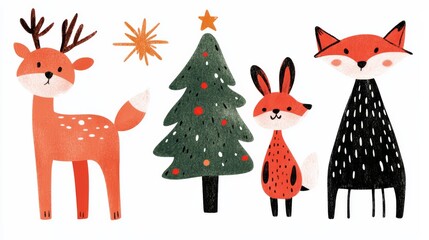 Fototapeta premium Handdrawn illustration of woodland animals including a deer rabbit and fox gathering around a Christmas tree in a snowy forest Perfect for holiday cards and winterthemed prints with a whimsical and jo