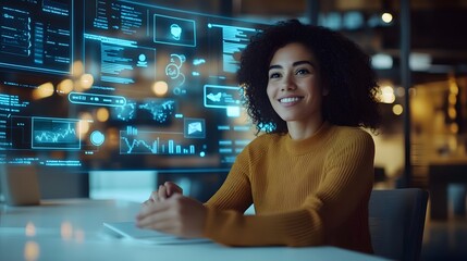 Smiling woman in a tech-driven environment, sitting at a desk with digital interface data and charts surrounding her as she works on a tablet, representing modern technology and data analytics