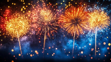 Vibrant fireworks lighting up the night sky with bright colors, creating a dazzling display for a festive New Year celebration.