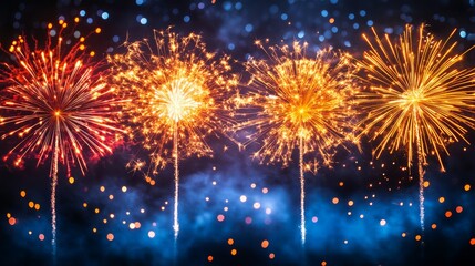Obraz premium Vibrant fireworks lighting up the night sky with bright colors, creating a dazzling display for a festive New Year celebration.