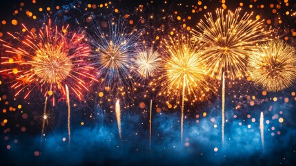 Vibrant fireworks lighting up the night sky with bright colors, creating a dazzling display for a festive New Year celebration.