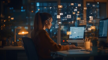 Woman working late in an office surrounded by floating data and digital files, immersed in her computer screen