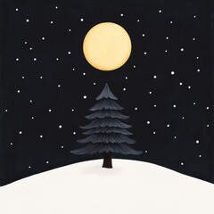 Naklejka premium Illustration of a snowcovered forest with a glowing Christmas tree in the center surrounded by twinkling stars and a full moon Perfect for holiday cards and festive winter greetings with a magical and