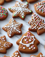 A close-up image of various gingerbread cookies, decorated with white frosting and colorful...