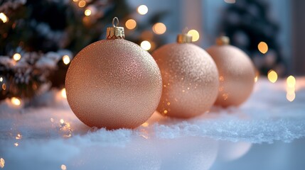 Christmas background with decorative xmas balls. White frosted Christmas ornaments hanging on snowy branches with warm soft lights in a festive setting. Happy new year