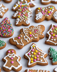 Gingerbread cookies in various shapes, decorated with icing and sprinkles.
