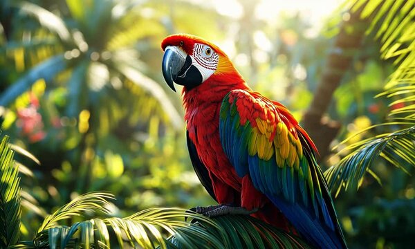 Colorful parrot perched on a palm tree in a lush tropical setting, with vibrant feathers glistening in the sunlight. . Video