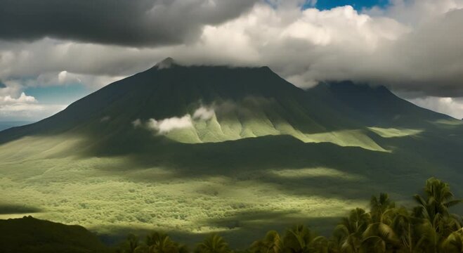 Photo of Mount Tambora and the surrounding small mountains on a cloudy day Virtual video scene animated background 4k animation
