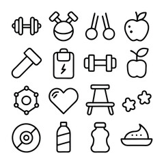line art vector icon set. Editable stroke.- Healthy Lifestyle, Exercising, Sport, Healthy Eating, Gym, Wellbeing, Dieting, Healthcare And Medicine, Weight Scale, Lifestyles, Running, Yoga