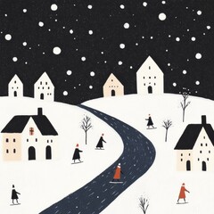 Illustration of a winter village at dusk with warmly lit houses snowcovered roofs and people iceskating on a frozen pond The sky is filled with stars creating a peaceful holiday scene Perfect for seas