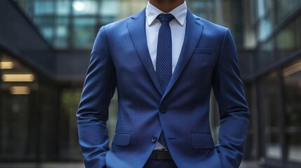 A man in a tailored blue suit stands confidently outside a modern office building during a sunny day