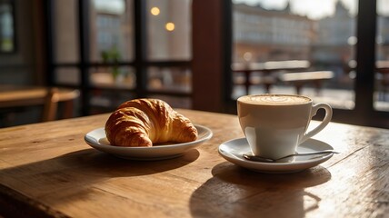a cup full of coffee with a dish on a table, in a cafe, width generative ai
