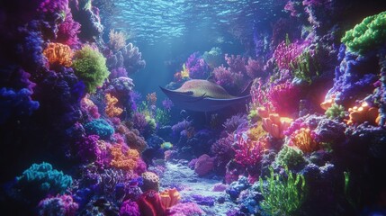 Fototapeta premium A Single Ray in a Colorful Underwater Reef