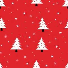 white Christmas trees with snowflakes on a red background seamless pattern