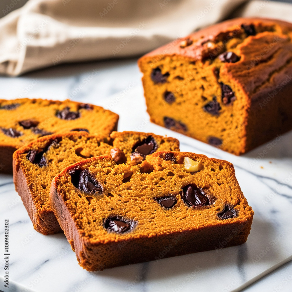 Poster freshly baked pumpkin bread with three slices in the foreground, which are with chocolate chips and 