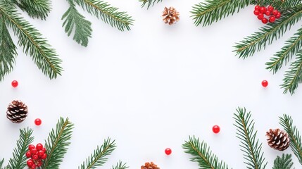 Flat lay of pine branches, pinecones, and red berries framing a white background with space for text.