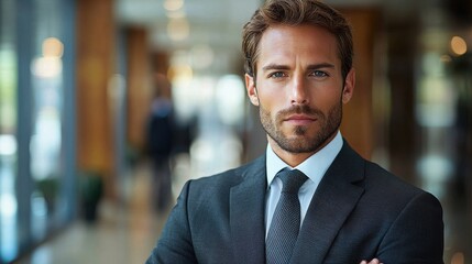 Fototapeta premium Confident man in tailored suit poses in modern office lobby during daytime, exuding professionalism and charisma