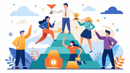 Teamwork success as team pyramid to innovative results. vector art illustration