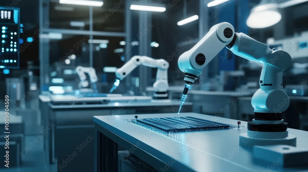 Poster robotic manipulators are actively working in a cleanroom setting, conducting precise tasks on equipm