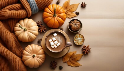 A cozy fall corner with warm blankets, pumpkins, and hot cocoa for the perfect autumn atmosphere. Generative AI