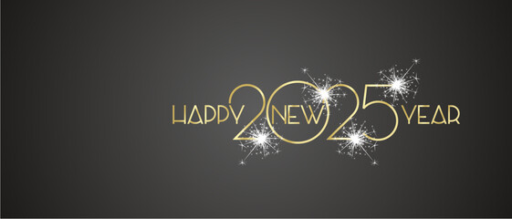 Happy New Year 2025 golden shining light typography logo white sparkle firework black background greeting card