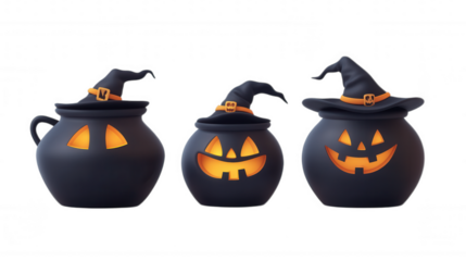 Halloween Cauldrons with Witch Hats isolated on Transparent Background PNG