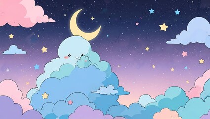 Cute Cartoon Clouds and Stars Night Sky
