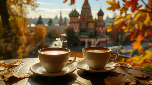 Cozy autumn coffee date with picturesque city view, romantic travel escape in vibrant fall setting.