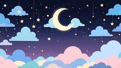 Night Sky with Clouds, Stars, and Crescent Moon