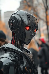 Fototapeta premium A futuristic robot with glowing red eyes stands in an urban environment during the dusk hours
