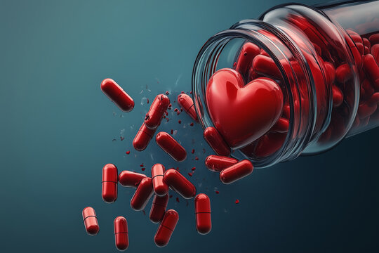 Exploring the efficacy of chelation therapy for heart health with vibrant capsules spilling out of a jar