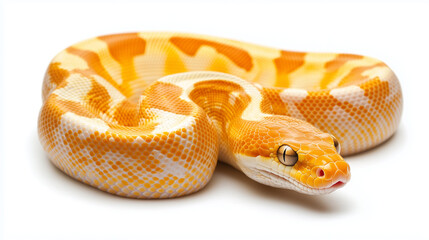Obraz premium Snake coiled beautifully with vibrancy on a white background copy space