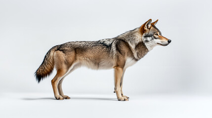 Obraz premium Wolf standing proudly with confidence on a white background copy space