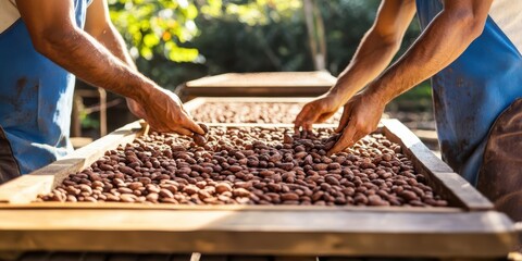 Workers sorting cacao beans on wooden trays in a lush outdoor setting.