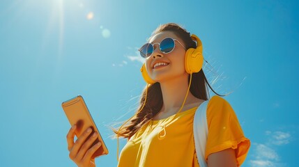Young woman in yellow headphones and sunglasses smiling while using her smartphone outdoors under a sunny blue sky
