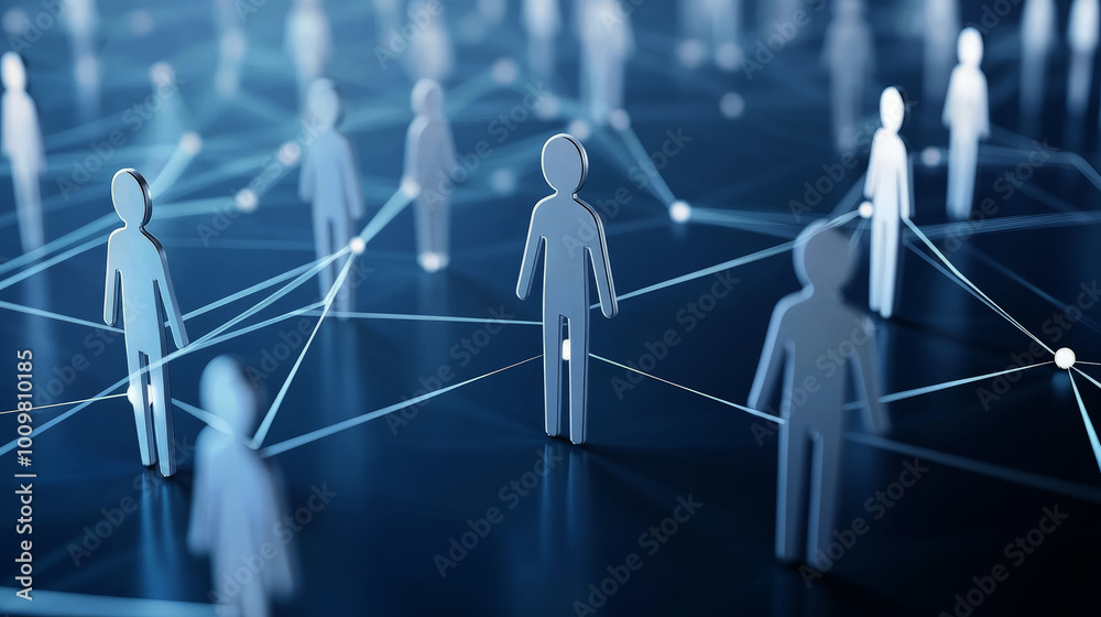 Poster a network of interconnected figures, each representing different people or abstract elements in busi
