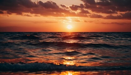 Obraz premium The warm glow of the setting sun casts golden hues over the tranquil waves of the ocean, creating a serene atmosphere by the shoreline during dusk. Sunset or sunrise at sea. Romantic landscape. AI