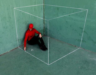 Man trapped in an imaginative box in a green room