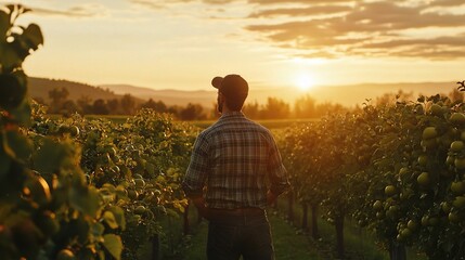 Fototapeta premium Proud Farmer Enjoying His Orchard at Sunset