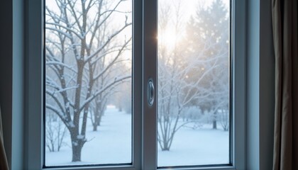 Fototapeta premium Insulated window background, close-up of double-paned windows with frost on the outside, keeping the warmth in, practical and effective
