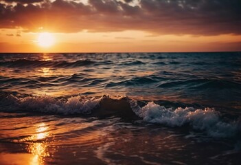 Obraz premium The warm glow of the setting sun casts golden hues over the tranquil waves of the ocean, creating a serene atmosphere by the shoreline during dusk. Sunset or sunrise at sea. Romantic landscape. AI