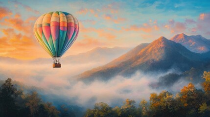 Hot Air Balloon Over Misty Mountains