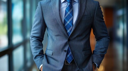 Business professional in a tailored suit poses confidently in a modern office environment during the daytime