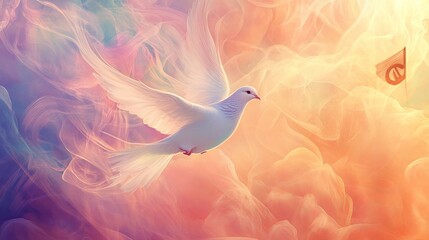 Fototapeta premium White dove flying through a colorful sky.