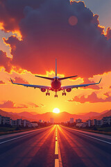 Fototapeta premium Passenger airplane landing at sunset on the runway of an airport