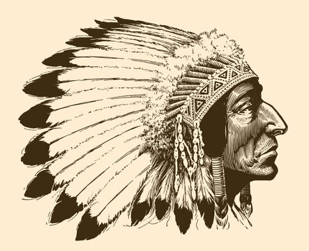 Head in profle view of Native American chief wearing feather bonnet